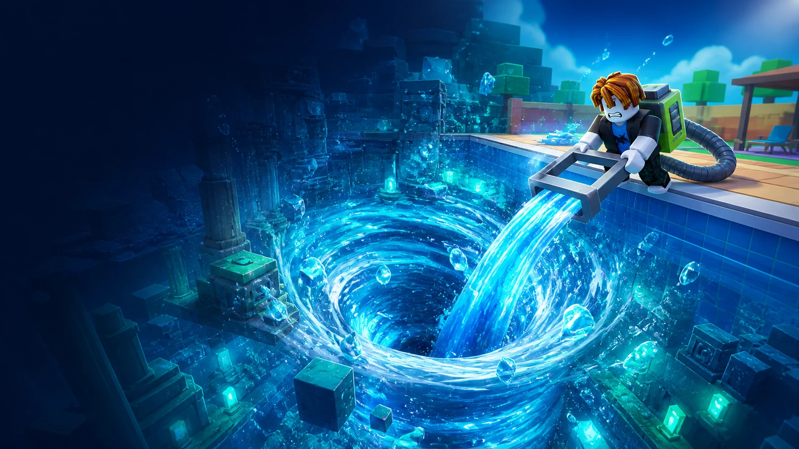 +1 Drain Water Per Click decorative ImageGen key art showing a vast water vortex and drain device